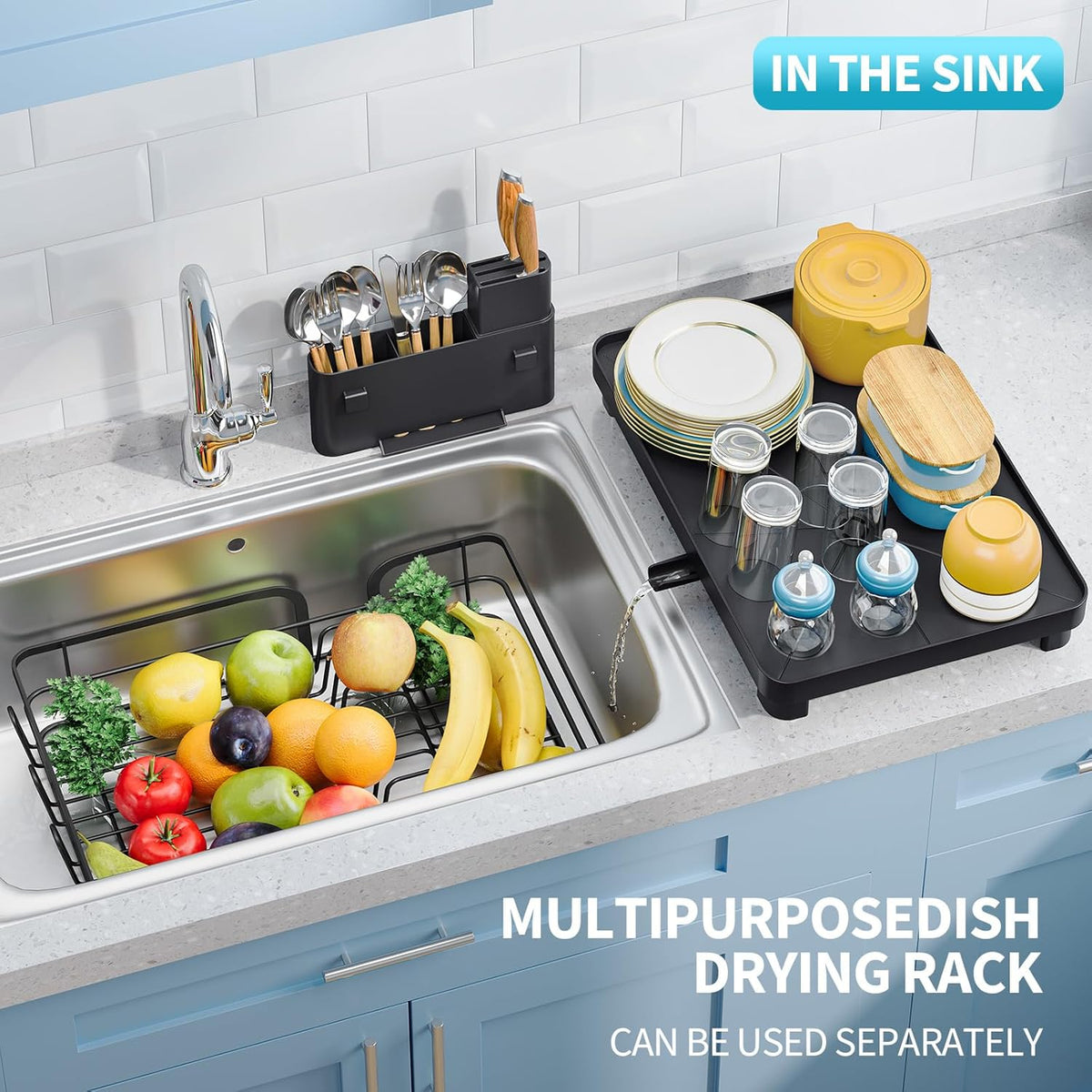 Dish Drying Rack for Kitchen Counter, Multifunctional Dish Drainer Rack, Kitchen Dish Rack, Sink Dishes Strainer, Plate Rack with Drain Board, Cup Holder, and Cutlery Holder,Medium Size Black