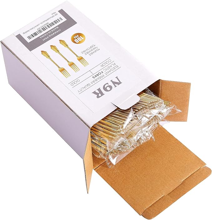 N9R 100PCS Gold Plastic Forks, 7.48inch Disposable Gold Plastic Silverware, Heavy Duty Plastic Forks for Parties, Weddings and Events
