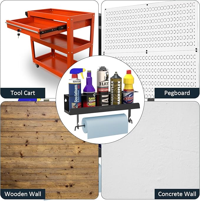 UNITEDPOWER 5 Aerosol Spray Can/Paper Towel Holder, Paint Bottle Storage Rack, Steel Wall Mount Shelf, Tool Organizer for Garage, Craft Workspace and Home