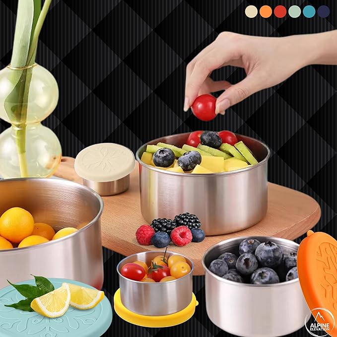 12 Pcs - 6 Stainless Steel Containers + 6 Silicone Lids | 304 Stainless Steel Snack Container | Nesting Snack and Dip Containers | Metal Food Storage
