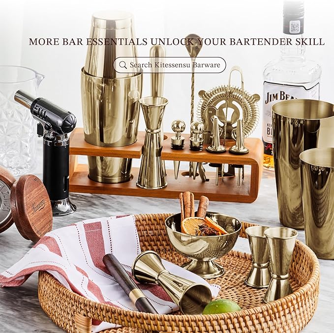KITESSENSU Cocktail Shaker Set Bartender Kit with Stand | Bar Set Drink Mixer Set with All Essential Accessory Tools: Martini Shaker, Jigger, Strainer, Mixer Spoon, Muddler |Champagne Gold