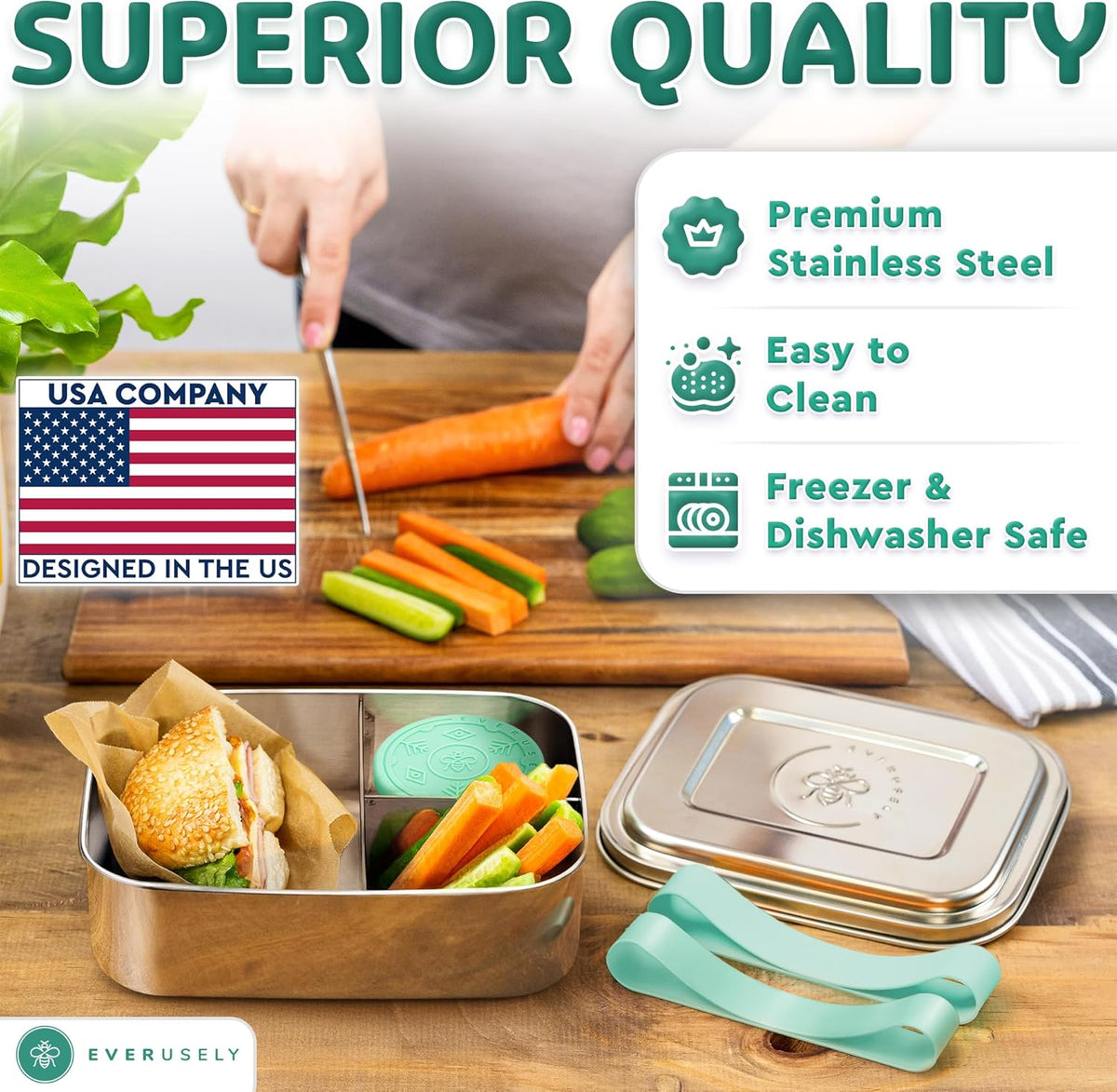 Everusely - Bento Box - Green, 47oz / 1.4 L - Stainless Steel Lunch Box with Leakproof Condiment Container - 3 Compartment Snack Organizer for On the Go Meals - Freezer & Dishwasher Safe
