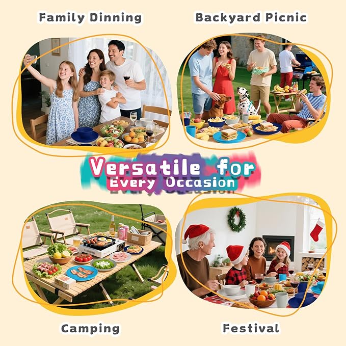 Wheat Straw Dinnerware Sets of 32, Unbreakable Plates and Bowls Sets Service for 8, Dinner Plate/Dessert Plate/Bowl/Cup, for Outdoor Camping RV Apartment Essentials - Island Color