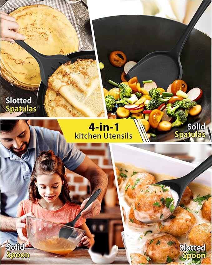 4 Pcs Silicone Kitchen Utensils Set, Wok Spatulas-Slotted Turner-Cooking Spoon-Slotted Spoon, Nonstick BPA Free High Heat Resistant Cooking Utensils for Frying, Mixing, Serving, Draining, Stirring
