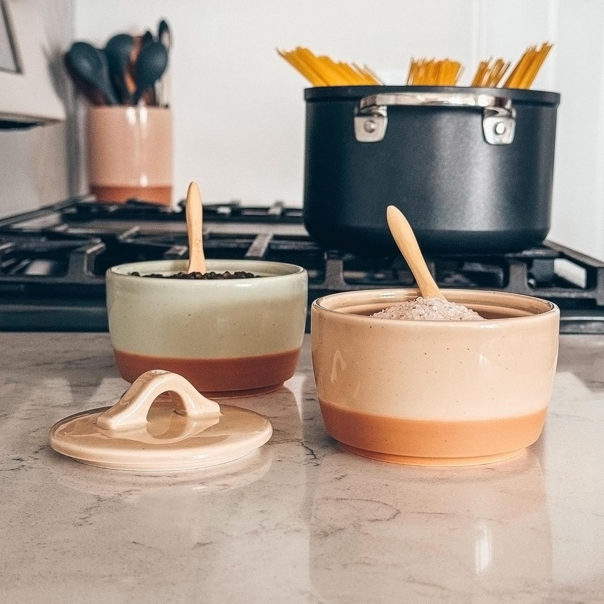 Mora Ceramic Salt and Pepper Cellar Set with Lid - 10 oz Modern Canister/Container/Bowl for Storage, Sea Salt, Spice, Sugar, Countertop - Small Dish/Jar with Wood Spoon, Matcha & Chai Crock
