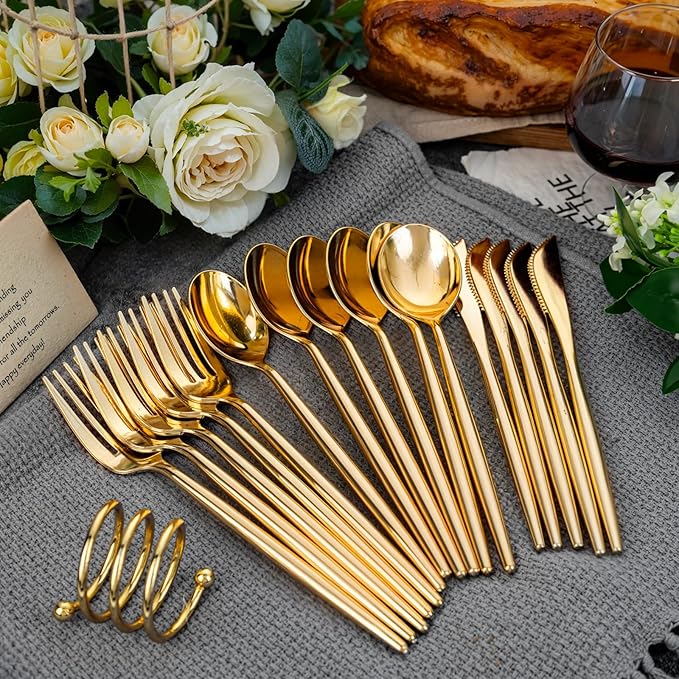 SUT 600 Pcs Gold Plastic Silverware, Gold Disposable Utensils, Heavy Duty Cutlery Set, Disposable Silverware Set Include 200 Forks, 200 Spoons, 200 Knives Heavy Duty Flatware for Party