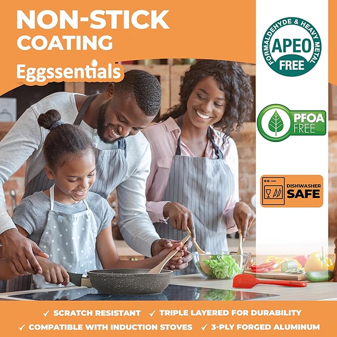 Eggssentials 2 IN 1 Egg Poacher Pan & Large Frying Pan - Poached Egg Maker, Granite Egg Poacher with 6 Cups - Egg Pan - 10 Inch Frying Pan Nonstick Omelette Pan