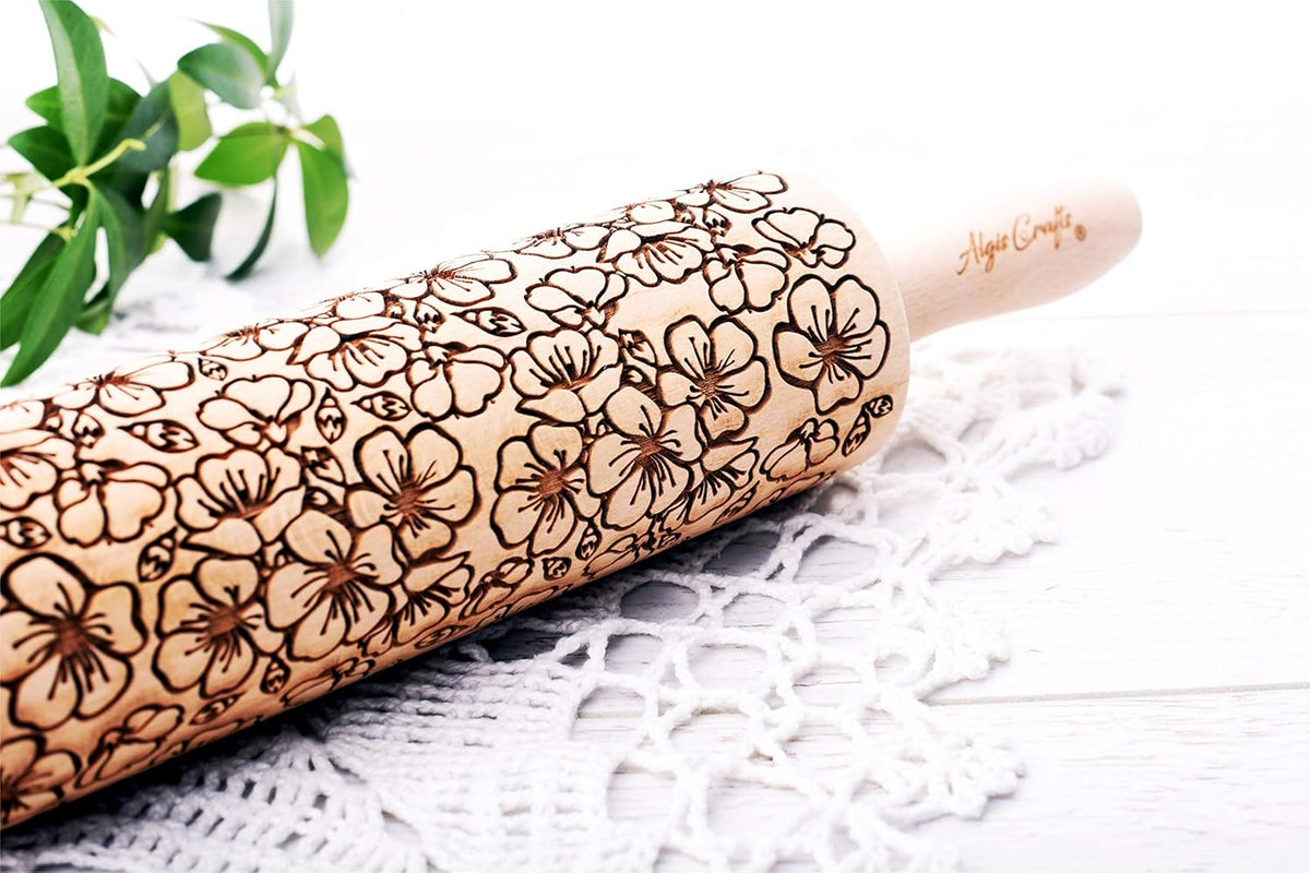 Embossed rolling pin SAKURA. Leafy green and flowering plants on embossed dough roller