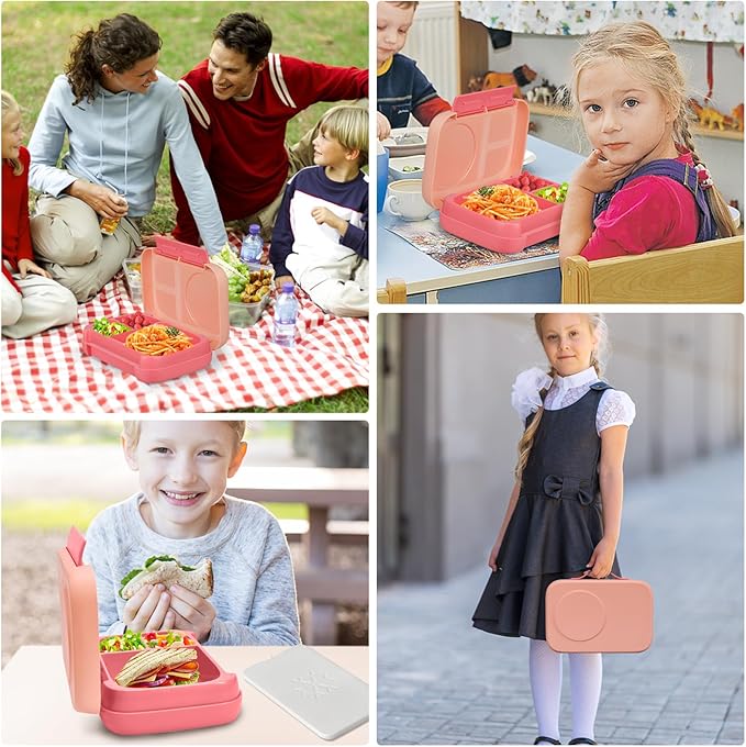 Bento Box for Kids,Kids Bento Lunch Box with Built-in Ice Pack for School,3 Compartments Leak Proof Lunch Container with Utensils for Girl Boy;BPA Free,Microwave & Dishwasher Safe, 44oz(Pink)