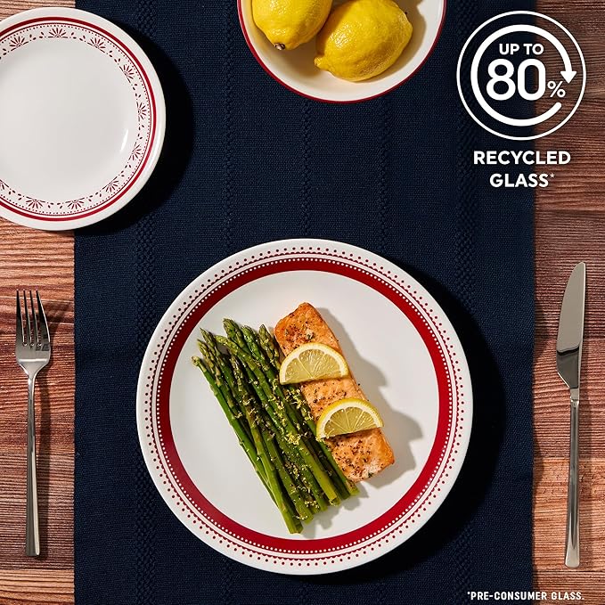 Corelle Everyday 18-PC Dinnerware Set Service for 6, Durable and Eco-Friendly, Higher Rim Glass Plate & Bowl Set, Microwave and Dishwasher Safe, Sadie
