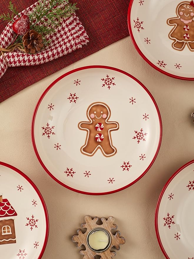 Bico Traditional Gingerbread Man Pasta Bowls, 35oz Salad Bowl Set of 4, Large Ceramic Serving Dinner Bowls for Soup and Cereal, Microwave and Dishwasher Safe, Gift for Housewarming and Holiday