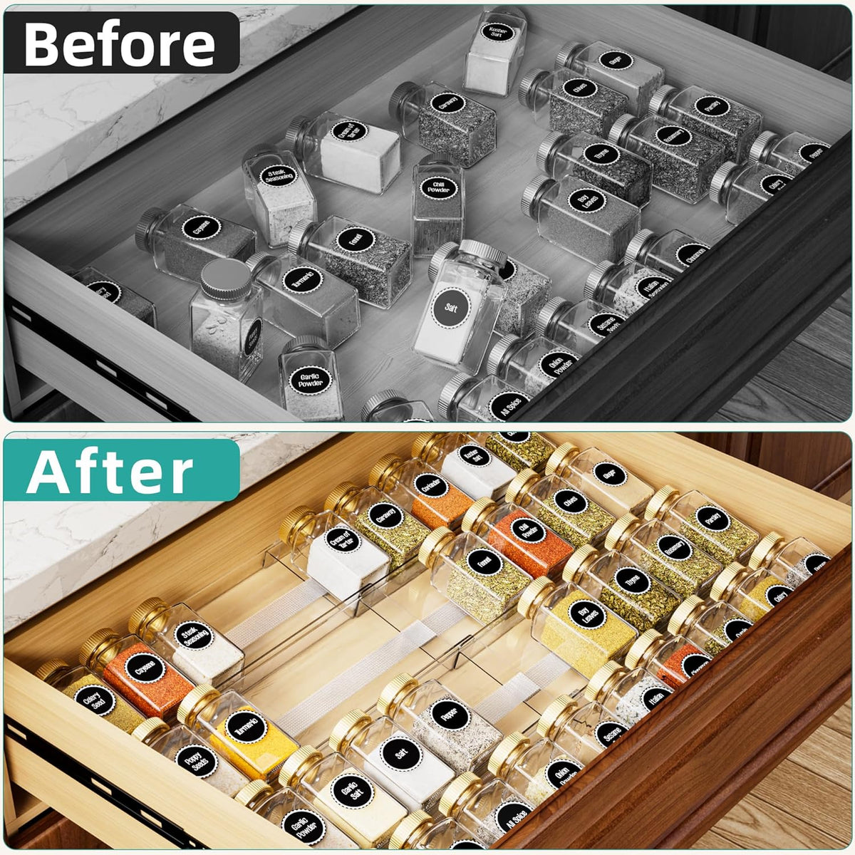 MIUKAA Acrylic Spice Drawer Organizer, 4 Tier - 8 Pack Seasoning Organizer for Drawer, Expandable From 13" to 26" Kitchen Drawer Spice Rack with Slip-Proof Mat (Jars not Included)