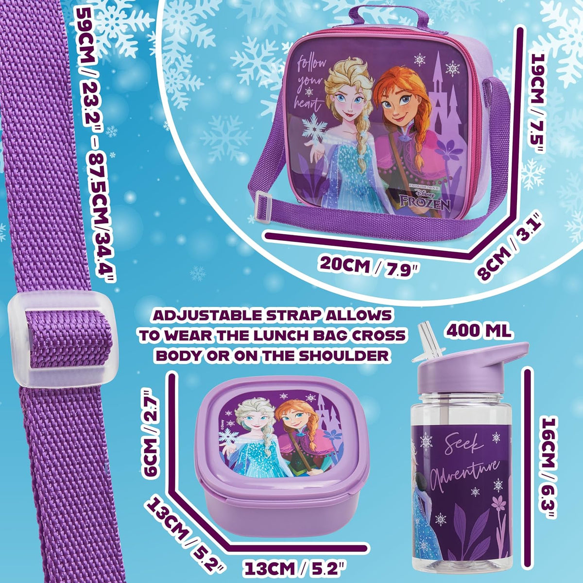 Get Trend Disney Frozen Kids Lunch Bag Set 3 Pc with Leak Proof Water Bottle and Small Lunch Box Insulated for School Daycare or Travel (Frozen)