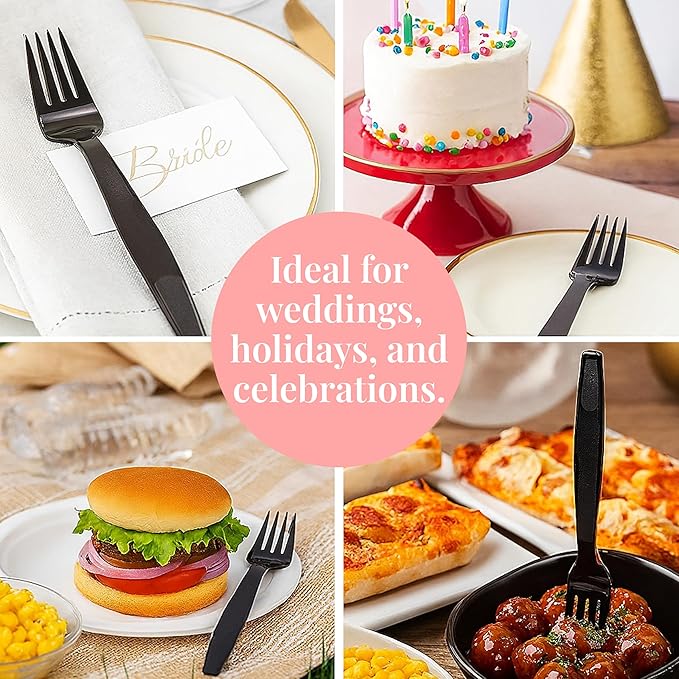 Prestee 100 Black Plastic Forks Heavy-Duty, Heavyweight Plastic Silverware Forks, Fancy Cutlery, Elegant Disposable Forks Pack, Bulk Disposable Flatware, Christmas Holiday Plastic Utensils Set