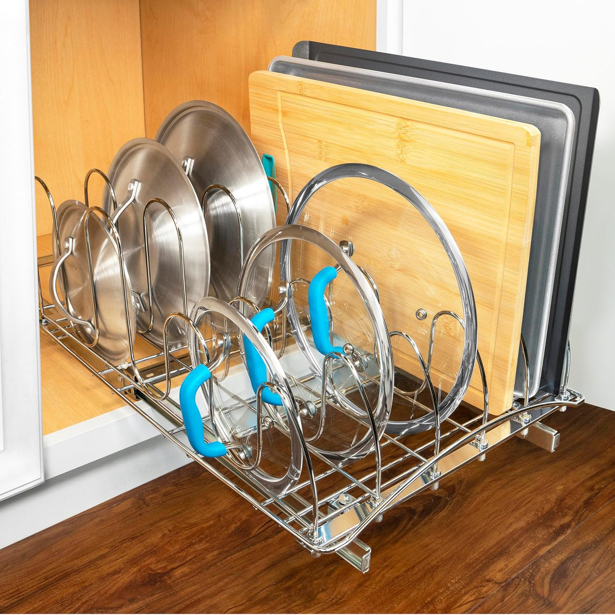 LYNK PROFESSIONAL® Pull Out Pot Lid and Cookie Sheet Organizer Rack for Cabinet - Lifetime Ltd. Warranty - Sliding Kitchen Organizers – Pans, Lids, and Tray Storage - 14W x 21D, Extra-Large, Chrome