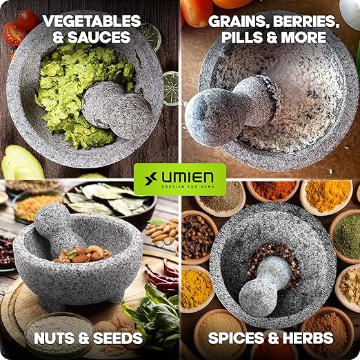 Umien™ Granite Mortar and Pestle Set - 100% Granite - 3.5-Cups - 8-Inch – Avocado Tool Included – Natural Stone Molcajete for Spices, Pestos, & Guacamole (Grey) - Stone Grinder - Guacamole