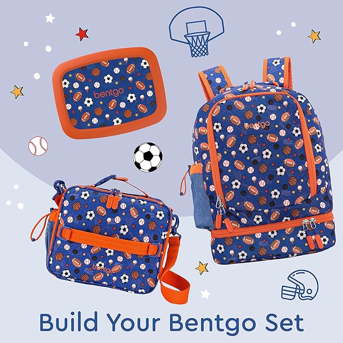 Bentgo Kids 2-in-1 Backpack & Insulated Lunch Bag - Durable 16” Backpack & Lunch Container in Unique Prints for School & Travel - Water Resistant, Padded & Large Compartments (Sports)