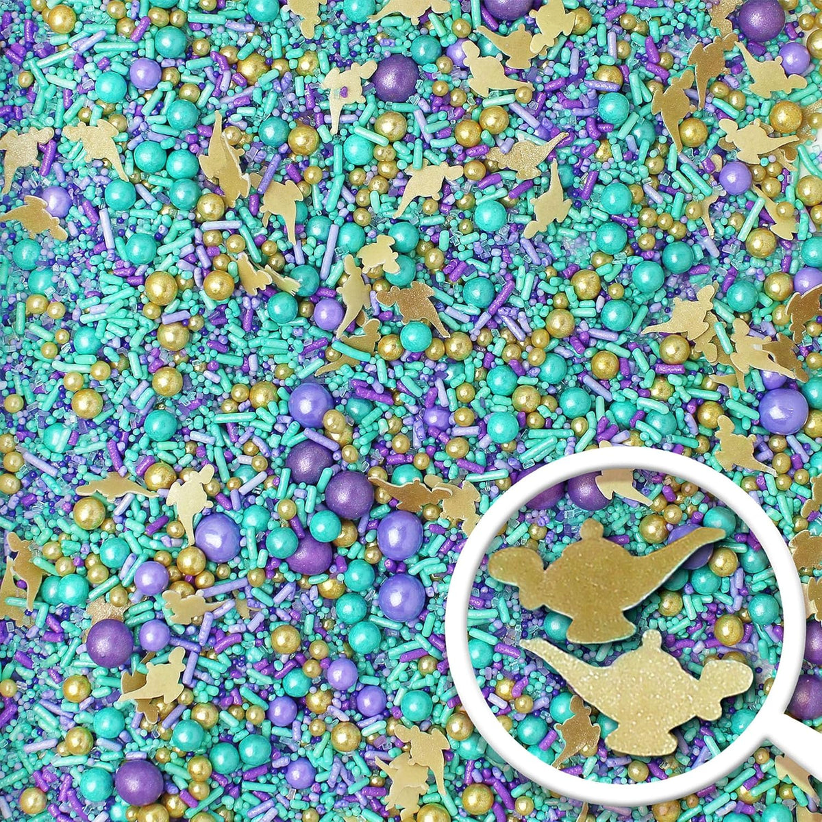 Sprinkle Pop Arabian Princess Sprinkles Mix| Aqua Lavender Purple Sprinkles with ~10 Genie Bottle Toppers and Gold Dragees| Girl Birthday Decorating Sprinkles Made in USA for Cake Cookie Cupcakes, 2oz