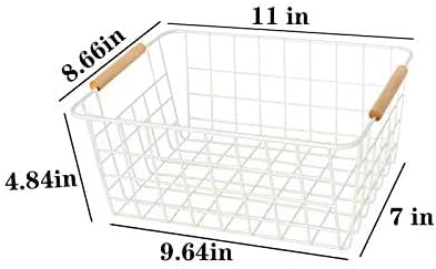 Metal Wire Food Storage Basket Organizer with Wooden Handles for Organizing Kitchen Cabinets, 2 Packs-White