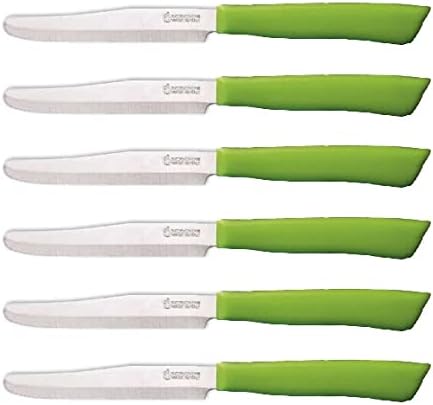Tredoni 6 kitchen Knives - 4.3"/11cm Italian Stainless Steel Serrated Vegetable/Steak/Table Knife Cutlery, Rounded Tip (Green)