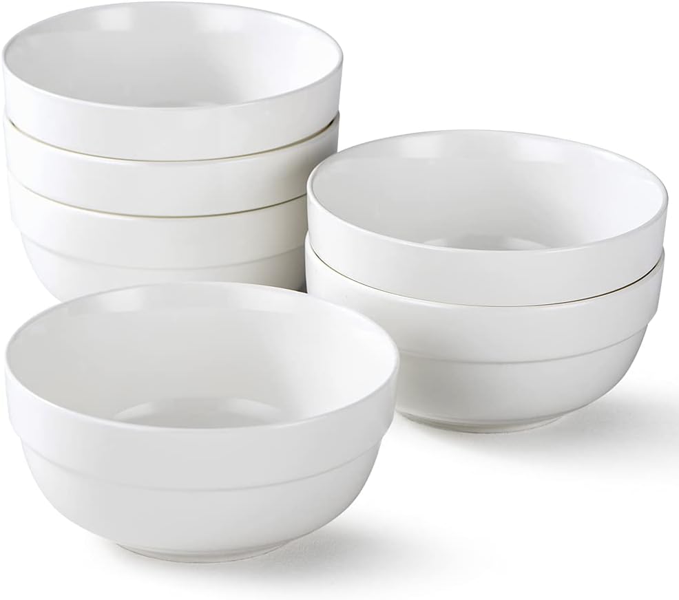 HAPPY KIT 6" Ceramic Soup Bowls, Cereal Bowls Set of 6, 24OZ White Bowls for Kitchen, Serving Bowls for Cereal Soup Rice Pasta Salad Oatmeal, Thick-edge Non-slip Design