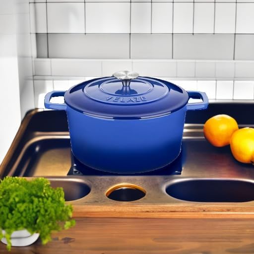 Velaze 6 QT Enameled Dutch Oven Pot with Lid, Cast Iron Dutch Oven with Dual Handles for Sourdough Bread Baking, Cooking, Non-stick Enamel Coated Cookware (Blue)