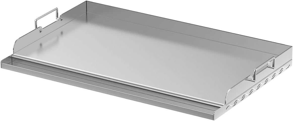 Skyflame 25"x16" Stainless Steel Griddle Plate for BBQ, Hibachi, Flat Top Grill with Even Heating, Grease Groove, Foldable Handles, Ideal for Charcoal/Gas Grills, Camping, Tailgating, Outdoor Cooking