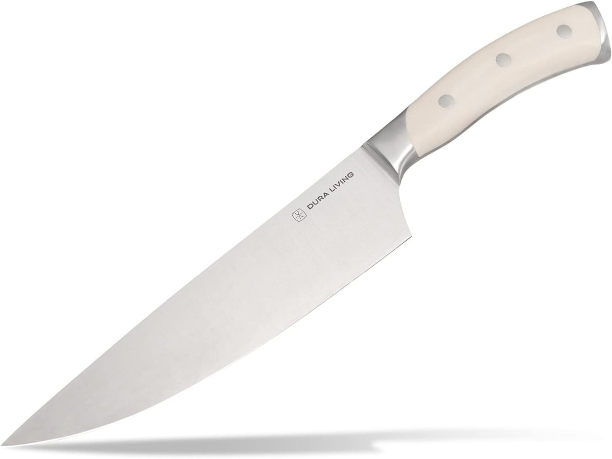 8-Inch Chef Knife – Ultra-Sharp German High Carbon Stainless Steel, Full Tang, Ergonomic Handle, Multipurpose Kitchen Knife for Chopping, Slicing, and Dicing, Cream