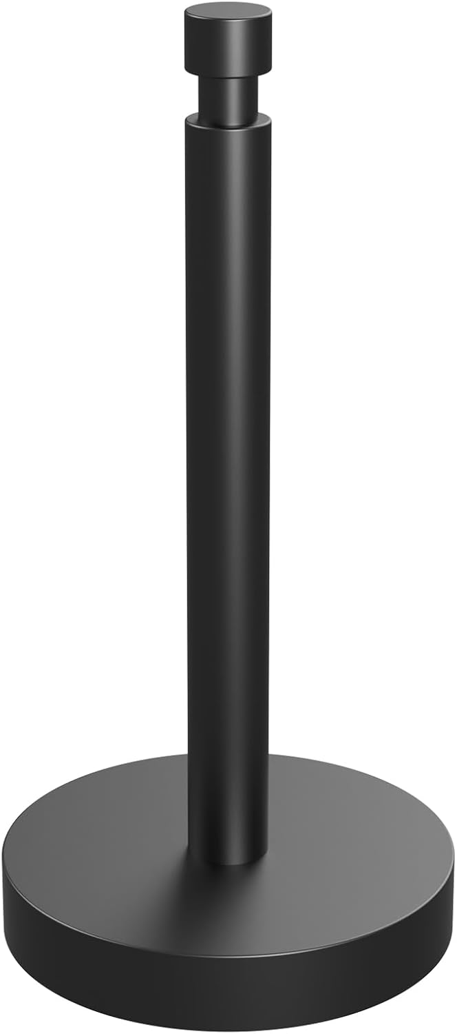 Paper Towel Holder Countertop, Black Paper Towel Holder with Weighted Base Non Slip, Standing Paper Towel Roll Holder for Kitchen Bathroom, Easy One-Handed Operation, Stainles Steel (Matte Black)