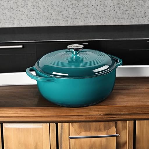 Lodge 4.5 Quart Enameled Cast Iron Dutch Oven with Lid – Dual Handles – Oven Safe up to 500° F or on Stovetop - Use to Marinate, Cook, Bake, Refrigerate and Serve – Lagoon