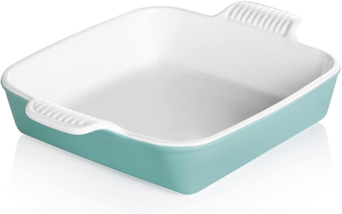 Sweejar Ceramic Baking Dish, 8 x 8 Cake Baking Pan for Brownie, Porcelain Square Bakeware with Double Handle for Casserole, Lasagna, Family Dinner (Dark Turquoise)