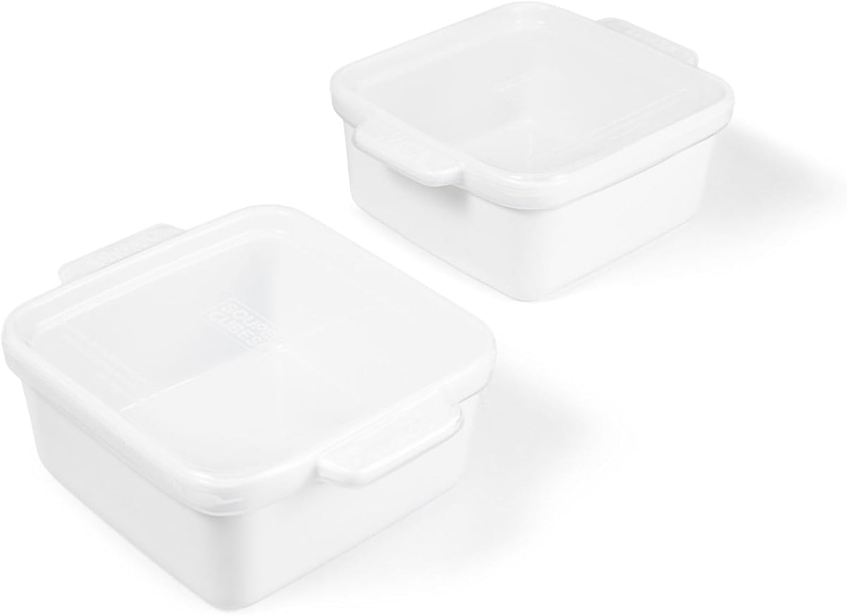 Souper Cubes Stoneware - 5" x 5" Baking Dishes for Oven with Silicone Covers, Premium Mini Ceramic Baking Dishes, Perfect for Reheating Individual Portions in Oven or Microwave, Set of 2 - White