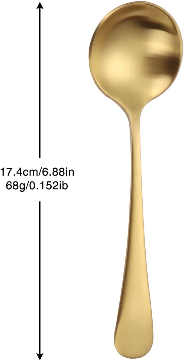 7" Round Soup Spoons Set of 4,18/10 Stainless Steel Heavy Duty with Deep Bowl,Matte Stain Finish,Dishwasher Safe(Gold)