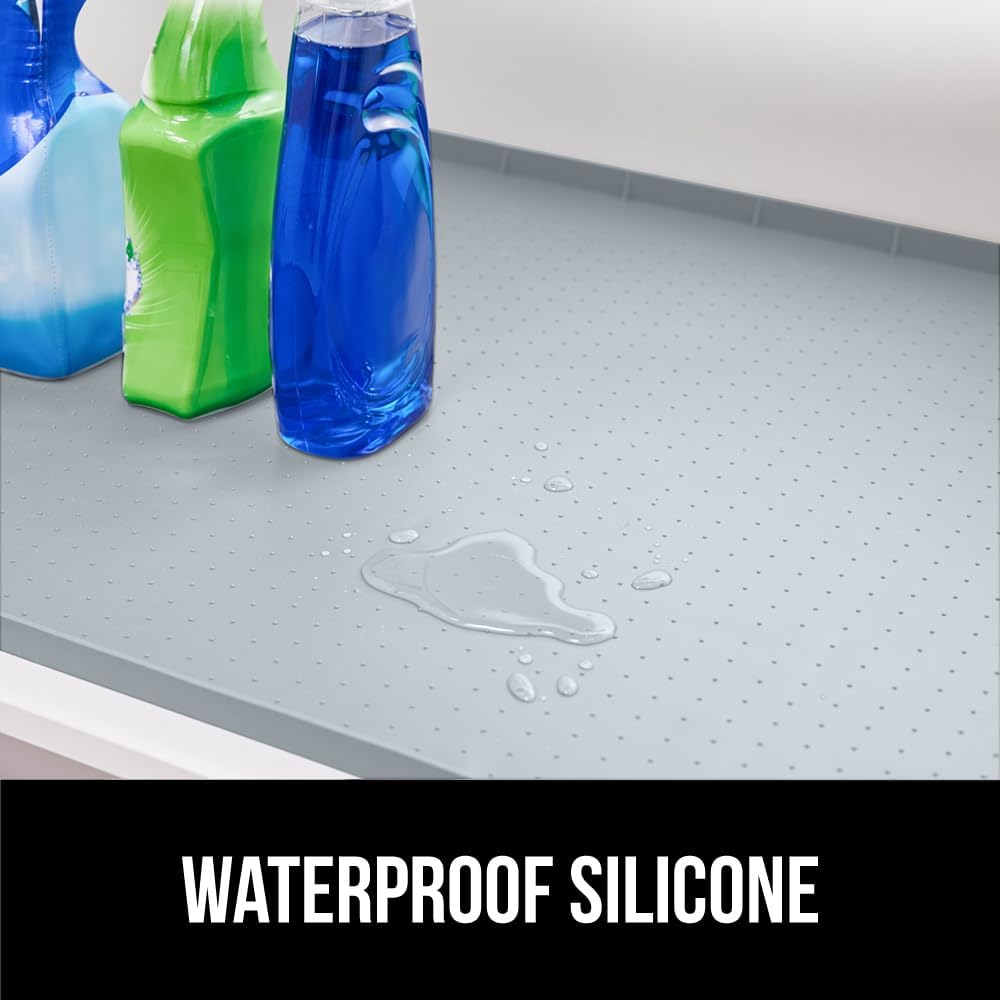 GORILLA GRIP Waterproof Silicone Under Sink Mat with Raised Lip for Kitchen and Bathroom, 31 x 22 in, Cabinet Shelf Liner Stay in Place Mats Dishwasher Safe Drawer Liner, Organizer Tray, Light Grey
