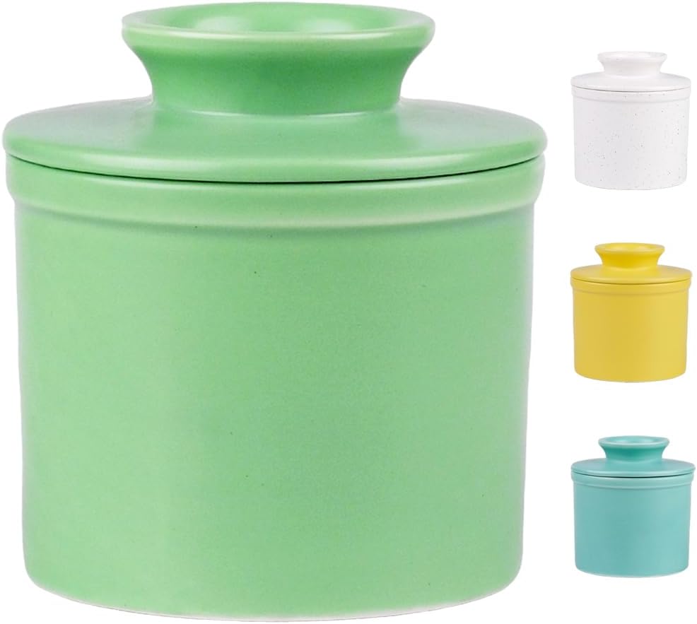 Ceramic Butter Crock with Lid, Countertop French Butter Keeper with Water Line for Spreadable Soft Butter, Matte Mint Green