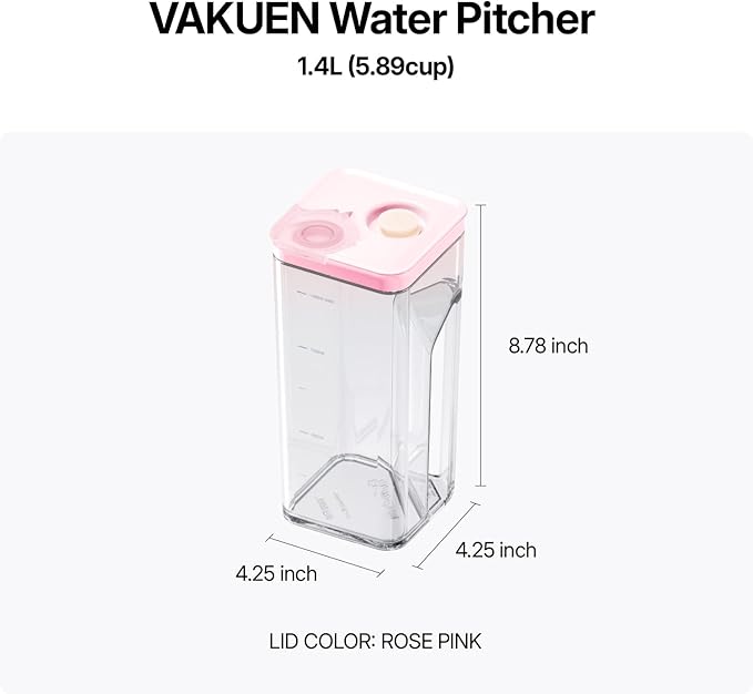 VAKUEN Premium Airtight Water Pitcher ROSE Pink lid, 1.4L(1.48qt) 1pcs, Airtight seal and Vacuum, Leak-free, BPA-free