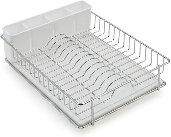 SunnyPoint 304 Stainless Steel Dish Drying Rack with Diatomaceous Earth Drainboard & Removable Utensil Caddy – Rust Resistant Countertop Dish Rack for Kitchen (Silvery-Grey)