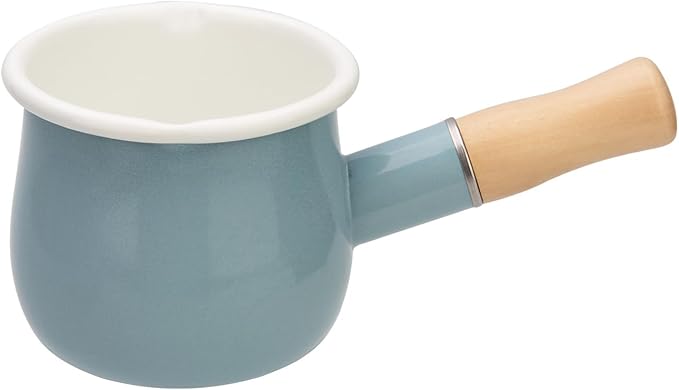 Enamel Milk Pot, Butter Warmer Non-stick Mini Saucepan, 4 Inch 17 Oz Small Cookware with Wooden Handle(Sky Blue)