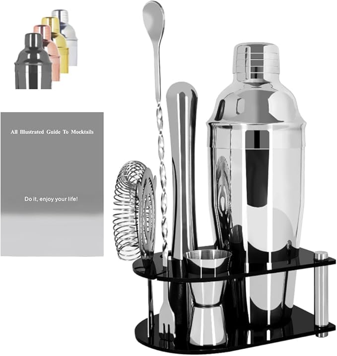 Cocktail Shaker Bartender Kit: 5 Piece Stainless Steel Bar Set, Cocktail Shaker Set with Stand, Drink Mixing Kit Includes Shaker,Strainer,Jigger, Bar Mixer Spoon, Muddler ﻿(750ml(25oz))