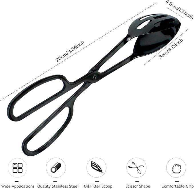2 Pieces Buffet Salad Tongs for Kitchen Serving and Cooking, Stainless Steel Food Scissor Tongs, Catering Utensil for Bread Cake Bake Steak Barbecue (Black)