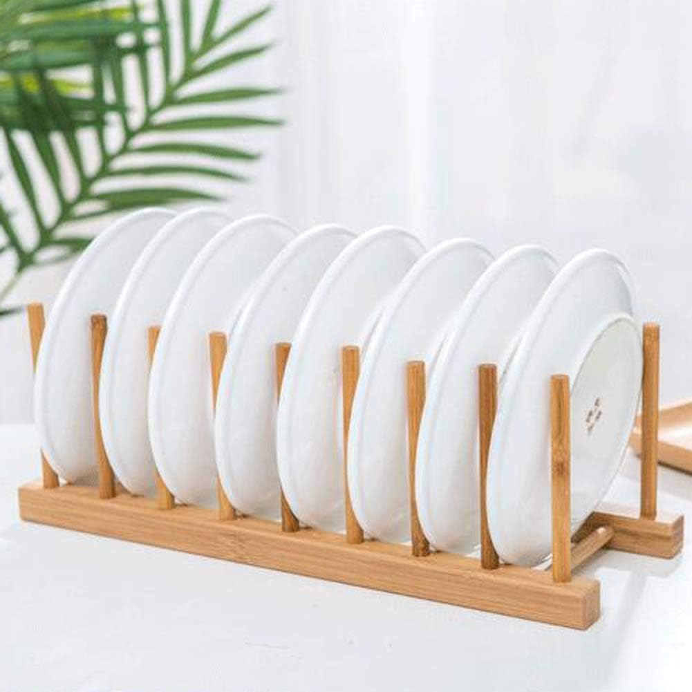 8-Slots Bamboo Wooden Dish Rack Storage Organization Plate Rack Stand Pot Lid Holder Kitchen Cabinet Organizer