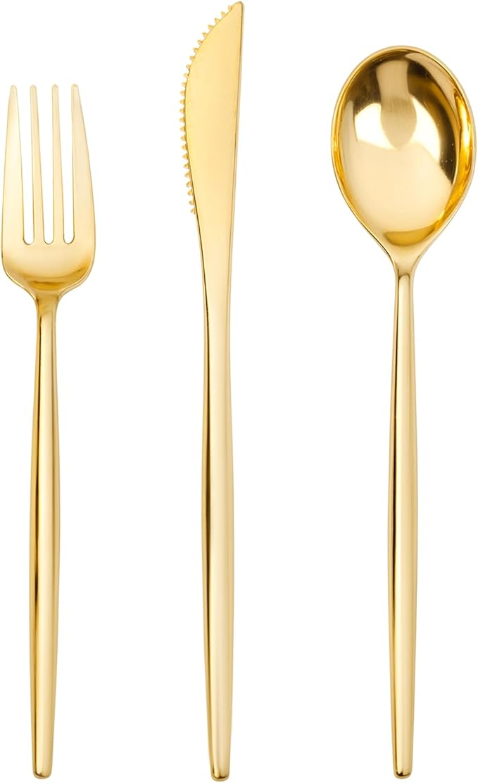 SUT 150PCS Gold Plastic Silverware, Plastic Utensils,Gold Silverware Disposable,Disposable Utensils Heavy Duty,Plastic Cutlery Set,Includes:50 Knives, Forks and Spoons for Party, Birthday,Wedding