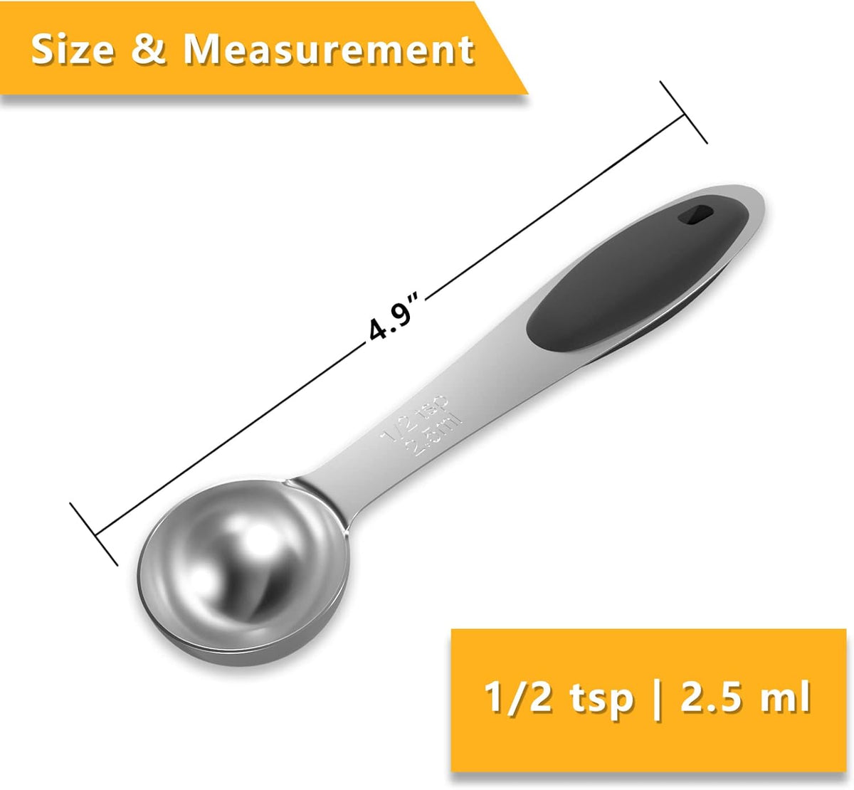 2PCS 1/2 Tsp(1/6tbsp, 2.5ml) Single Measuring Spoon with Black Silicone Grip, Stainless Steel Individual Measure Scoop Only