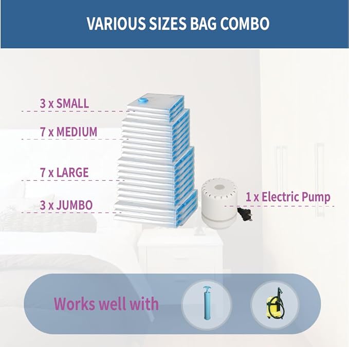 20 Pack Space Saver Vacuum Storage Bags for Clothing Travel, Vacuum Seal Compression Bags for Clothes, Packing, Luggage, Blankets, Comforters and Pillows, Electric Pump Included
