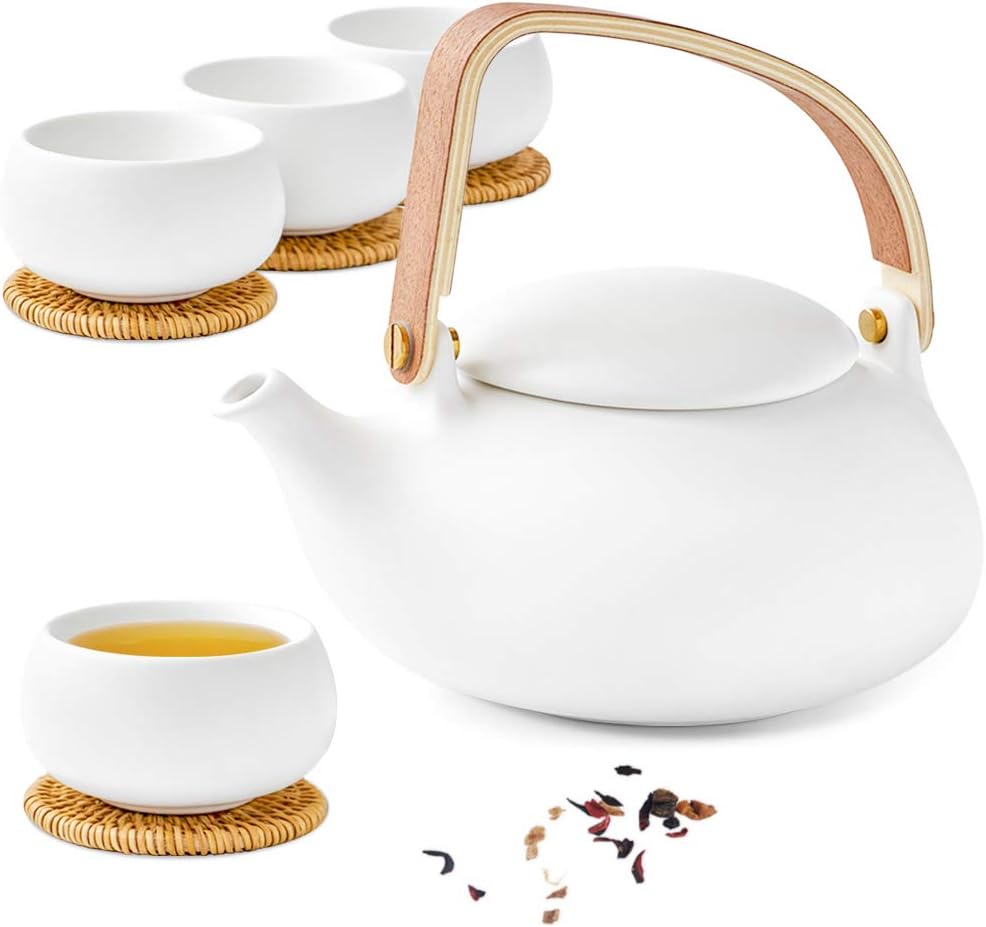 ZENS Modern Japanese Tea Set, 27 oz Ceramic Japanese Teapot with Fine Stainers and 4 Cups for Loose Leaf Tea Steeper, Wood Handle Matte Japanese Teapots Hot Tea Brewer for Tea Party Women Gifts