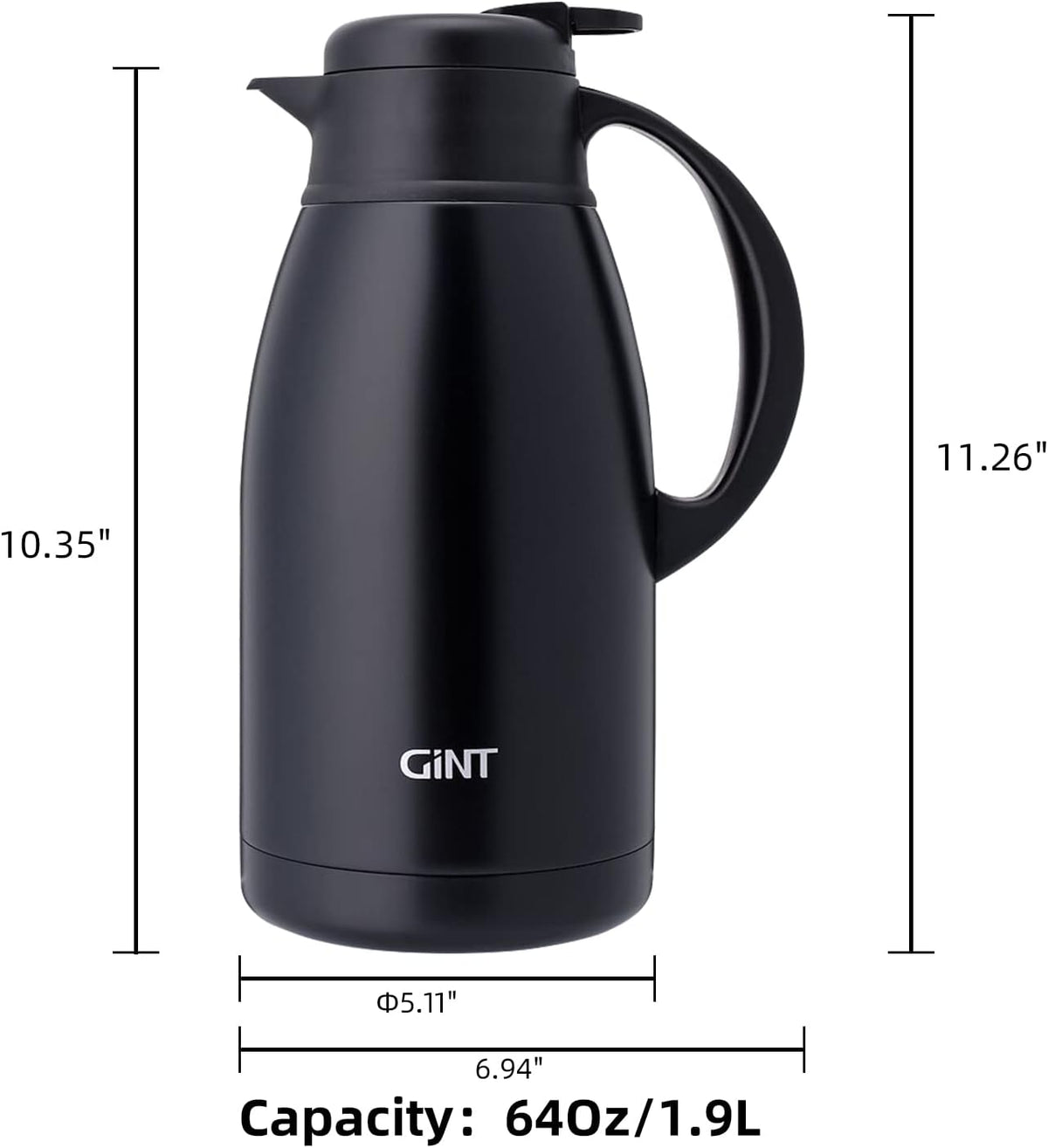 GiNT Stainless Steel Thermal Coffee Carafe, Double Walled Vacuum Water and Beverage Dispenser, 12 Hour Heat Retention, 65 OZ /1.9 Liter Black