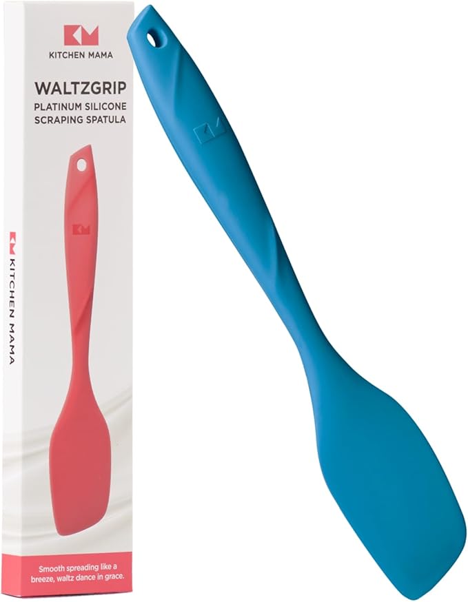 Kitchen Mama WaltzGrip Platinum Silicone Scraping Spatula: Heat Resistant, Seamless, Non Stick for Frying Pan Cookware, Safe, Flexible Bowl Scraper - Ideal for Mixing, Baking, Stirring (Blue)
