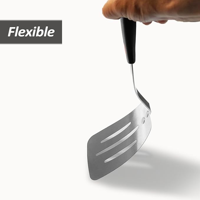 Stainless Steel Flexible Spatula Turner, Thin Slotted Metal Spatula for Cast Iron Skillet, Thin Blade and Heat Resistant Silicone Handle, Great for Egg, Cookie, Meat, Crep, Large