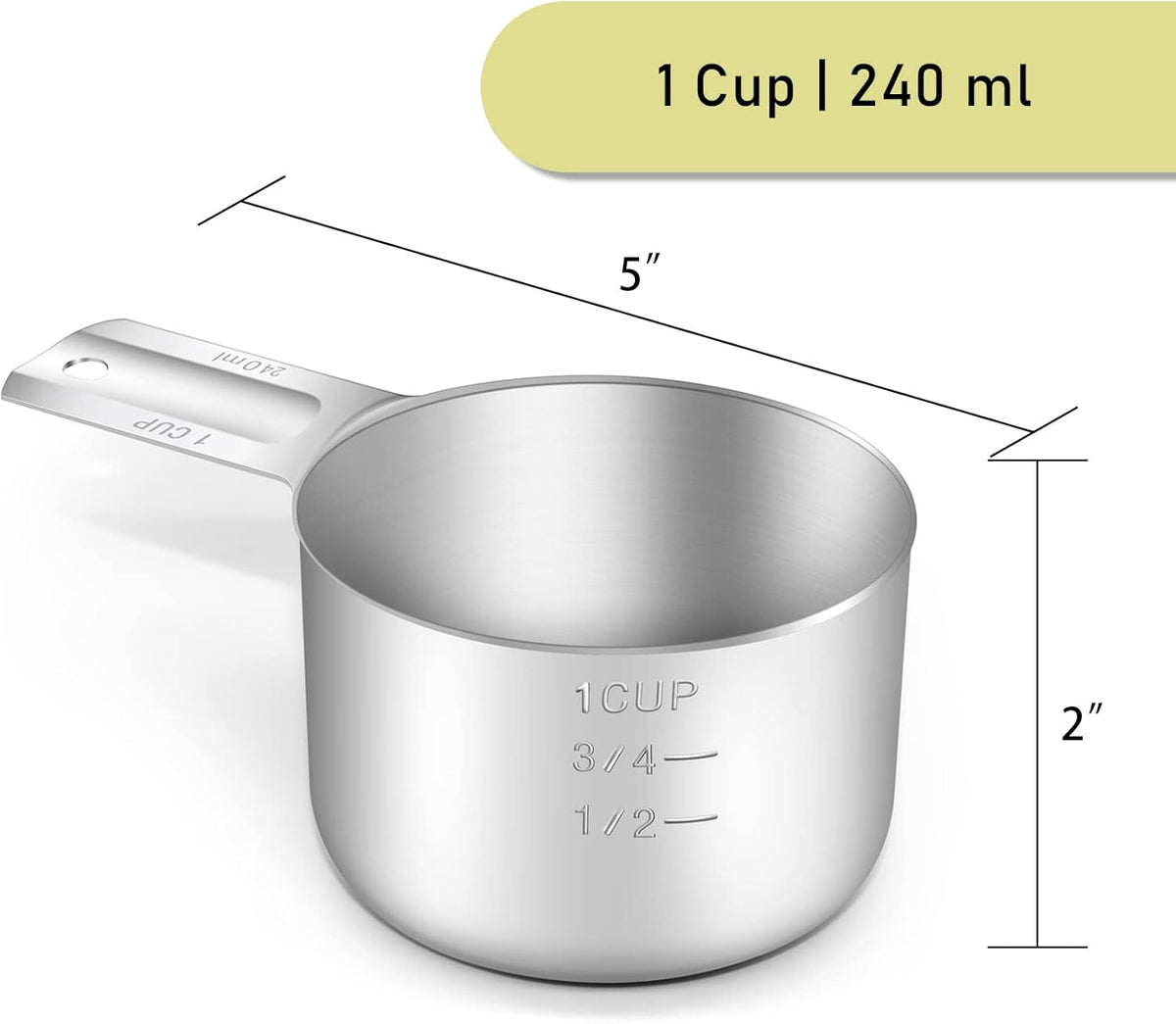1PCS 1Cup (240ml, 8oz) Single Measuring Cup, Stainless Steel Measure Scoop, Metric and US Measurement, Dishwasher Safe