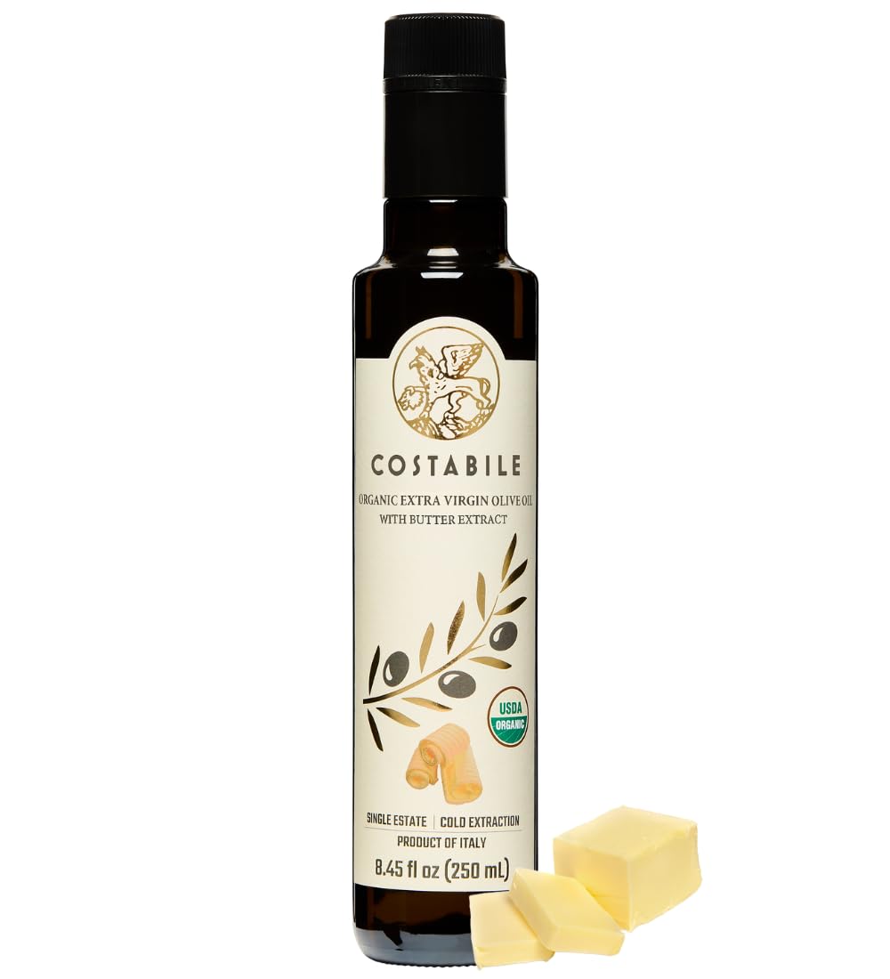 Butter Flavored Olive Oil from Italy - Organic Extra Virgin Butter Olive Oil Ideal for Baking, Cooking and Popcorn Seasoning - COSTABILE 8.45 Fl. Oz.